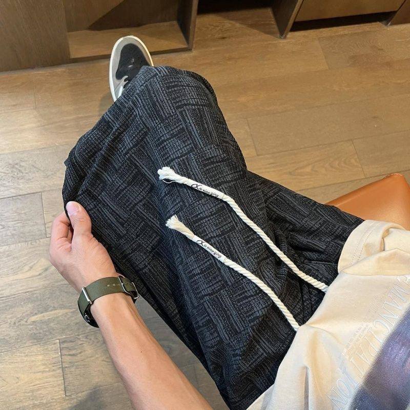 Basket-Weave Print Wide Leg Drawstring Pants, view 3