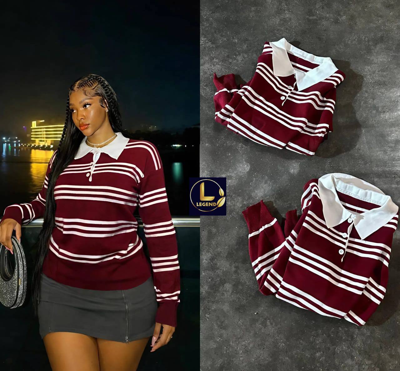 Burgundy Striped Collared Sweater Top