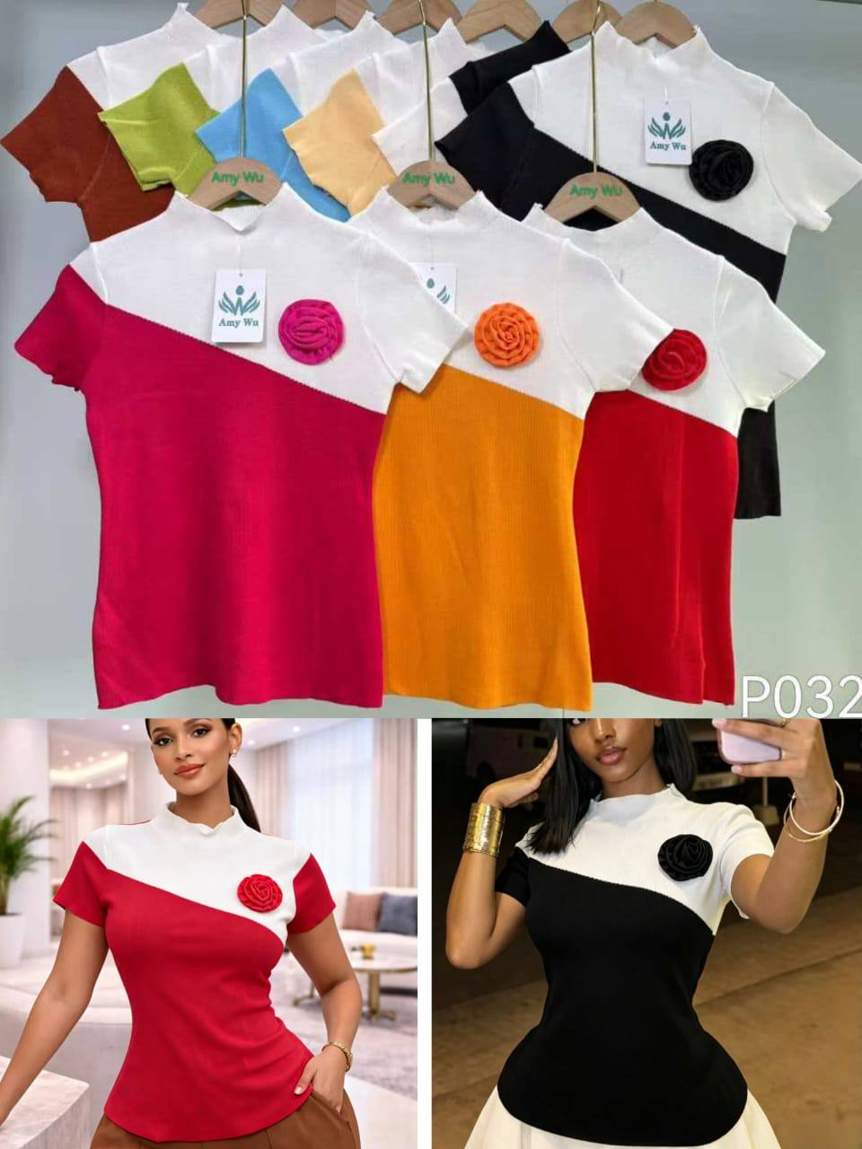 Colour-Block Rosette Ribbed Top