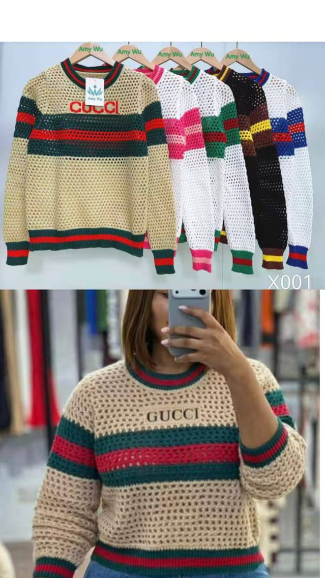 Crochet Knit Striped Logo Sweater