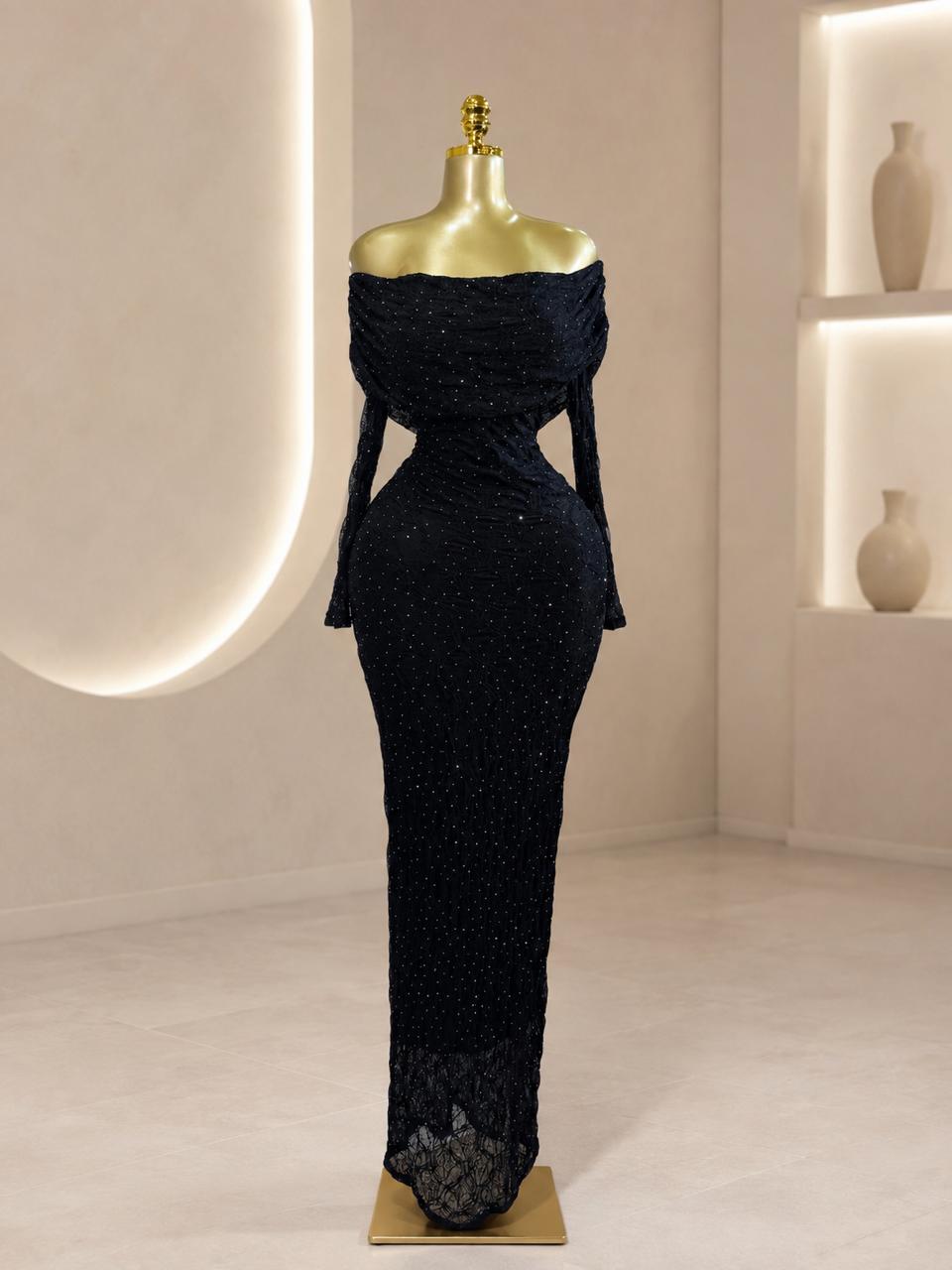 Off-Shoulder Textured Sparkle Maxi Gown