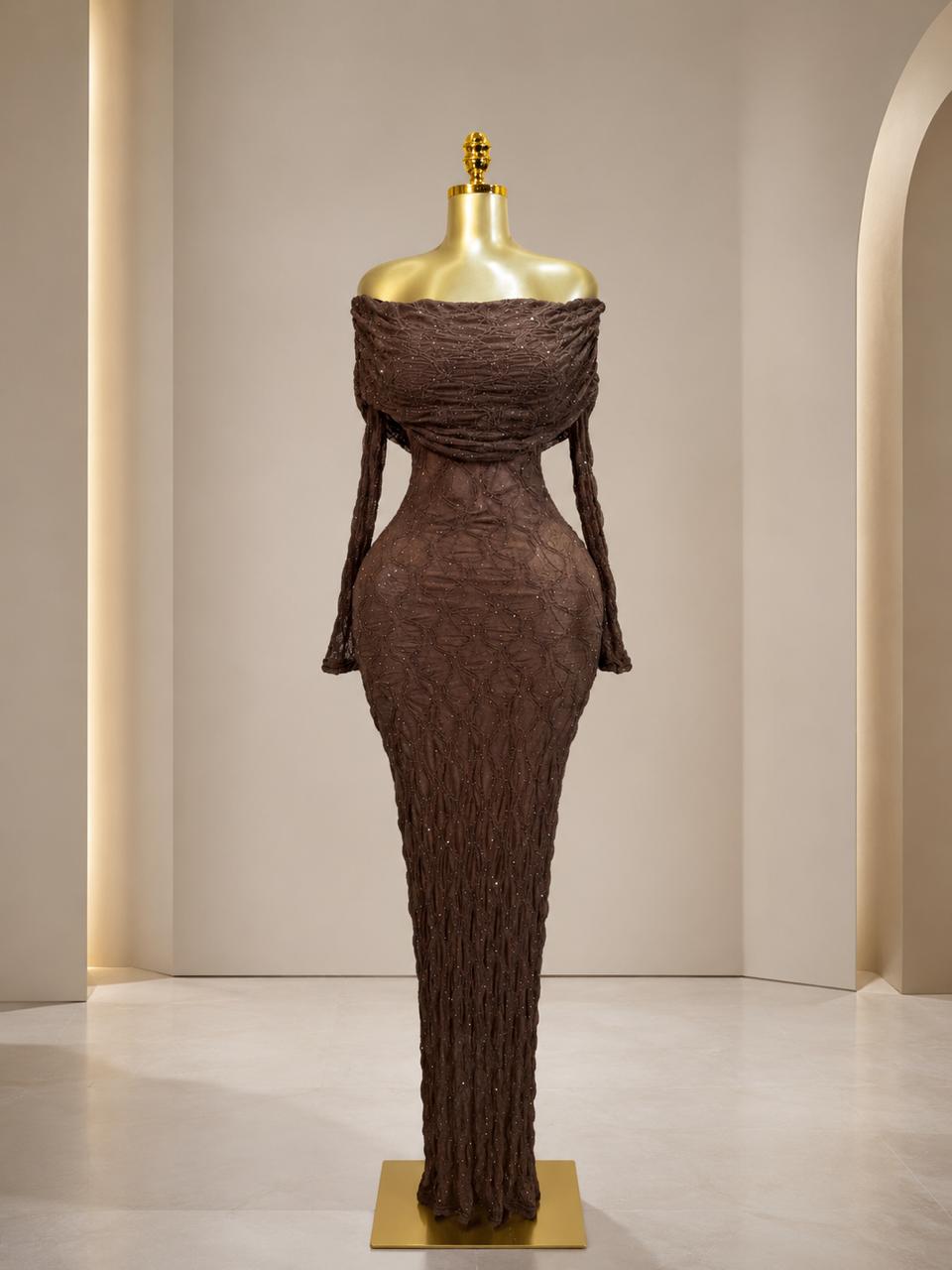 Off-Shoulder Textured Sparkle Maxi Gown, view 2
