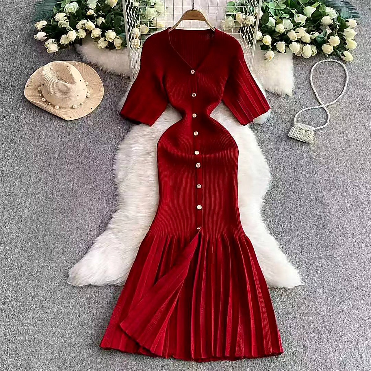 Ribbed Knit Button-Front Mermaid Dress
