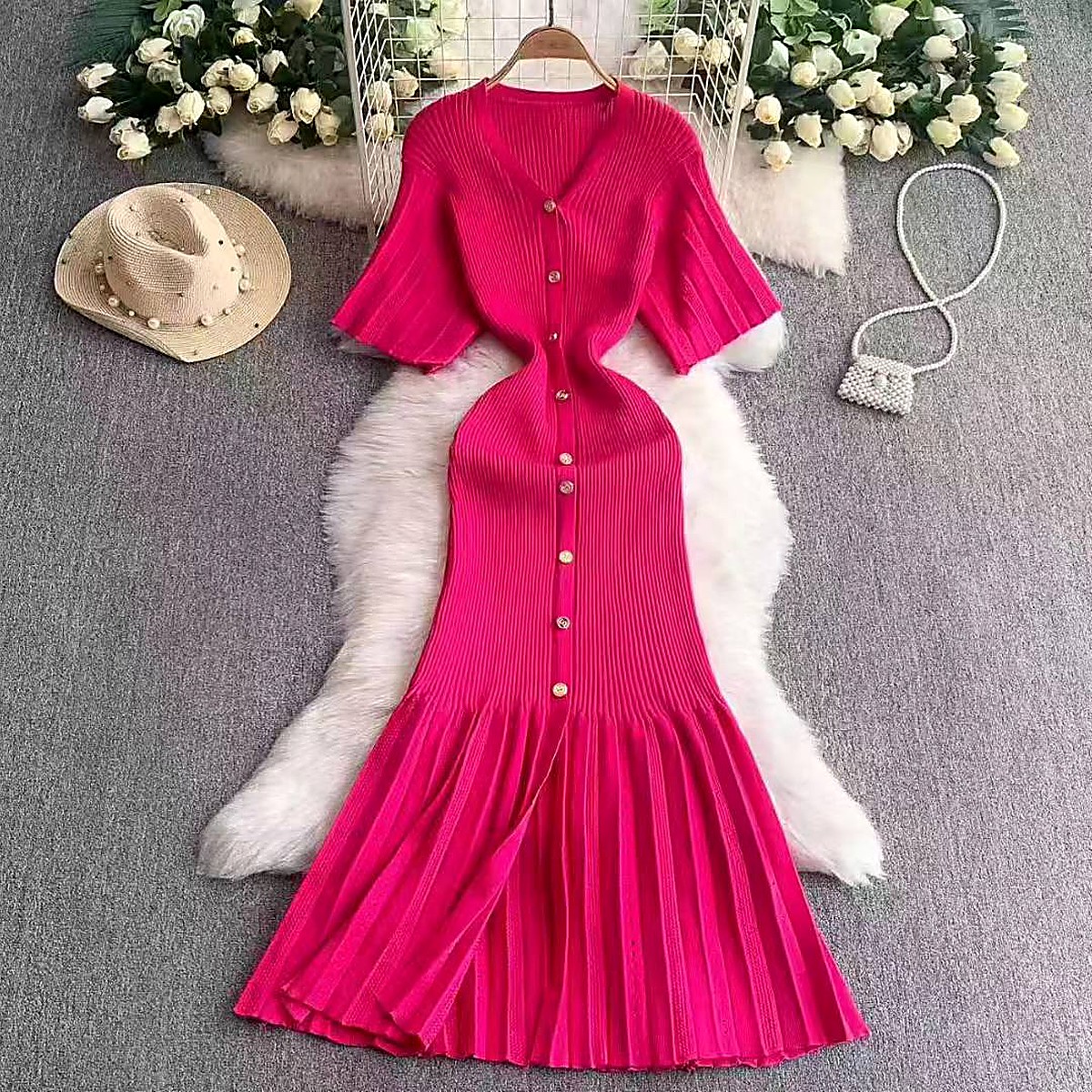Ribbed Knit Button-Front Mermaid Dress, view 2