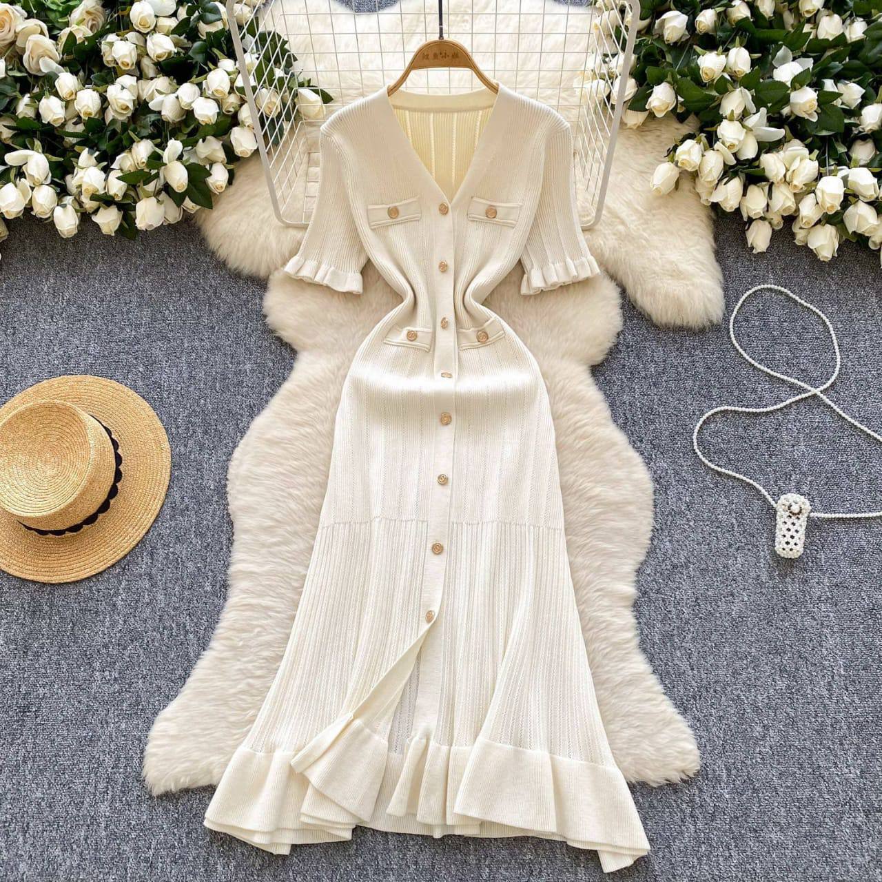 Ribbed Knit Button-Front Midi Dress