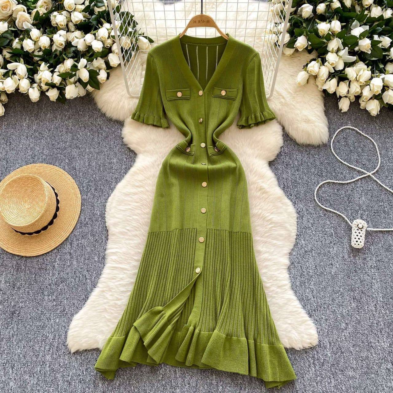 Ribbed Knit Button-Front Midi Dress, view 2