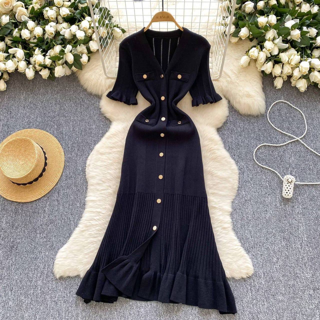 Ribbed Knit Button-Front Midi Dress, view 3