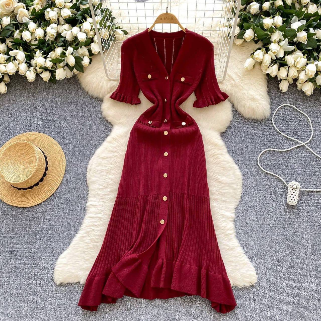 Ribbed Knit Button-Front Midi Dress, view 4