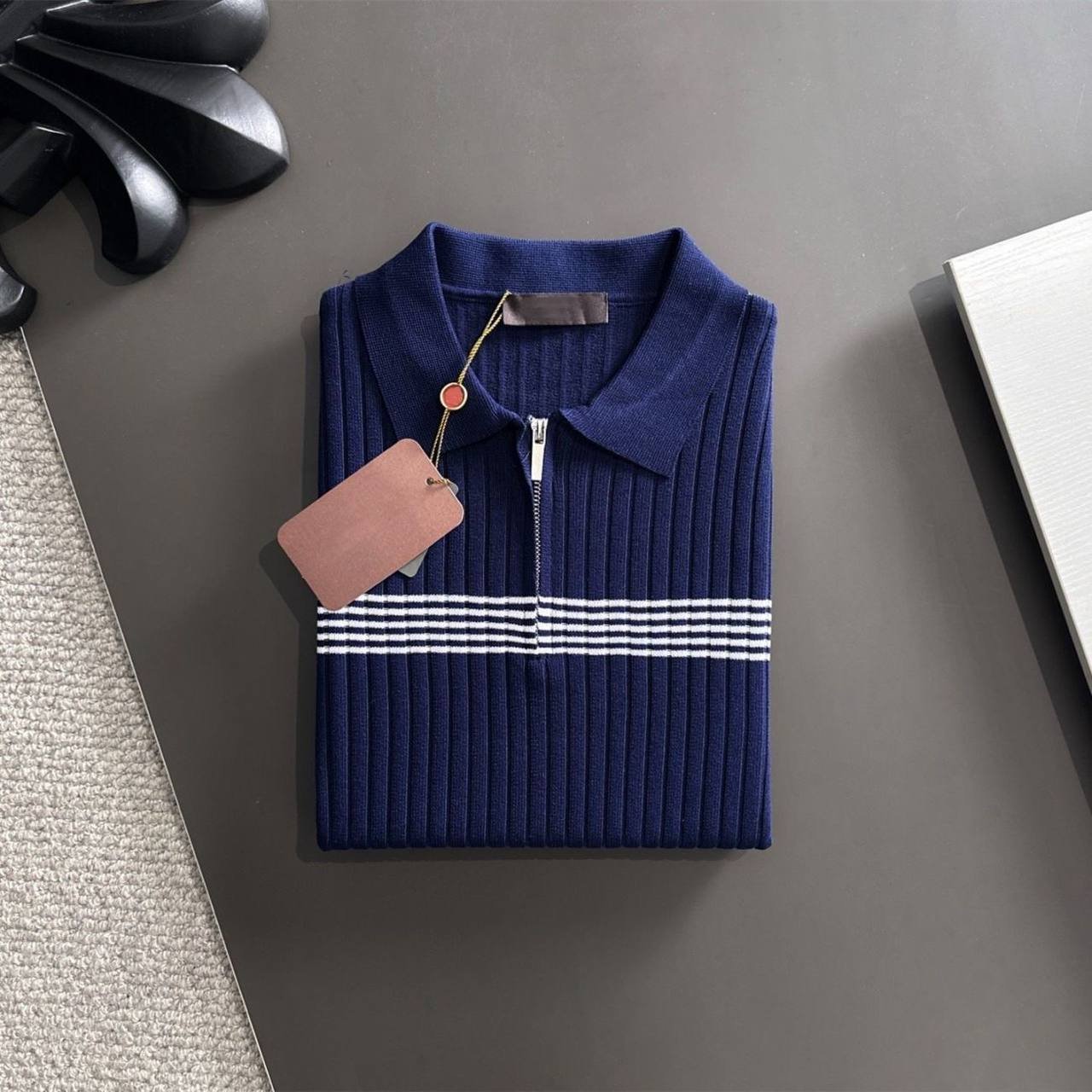 Ribbed Knit Half-Zip Polo Shirt