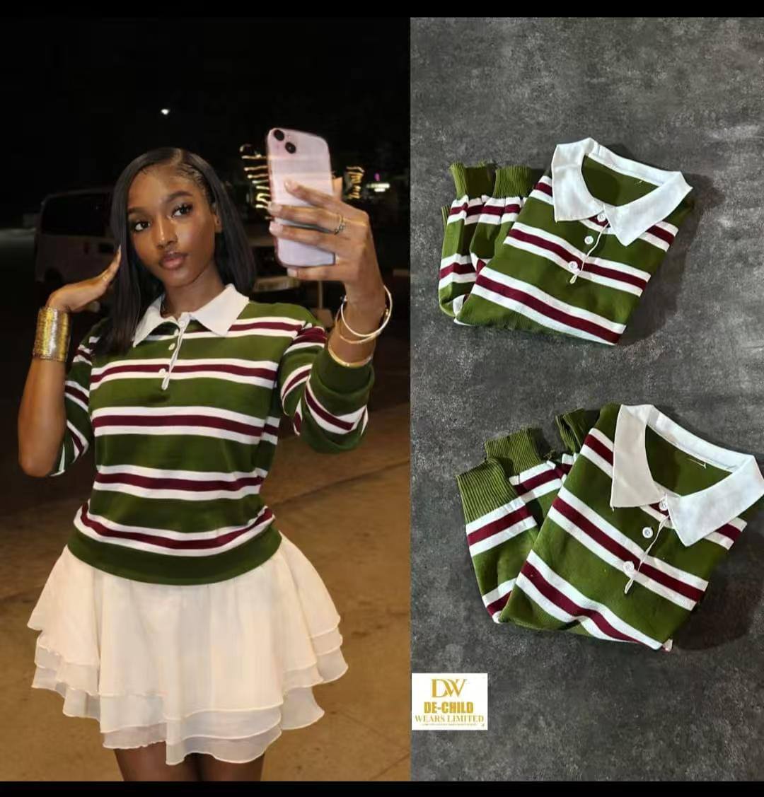 Striped Collared Knit Polo Sweater