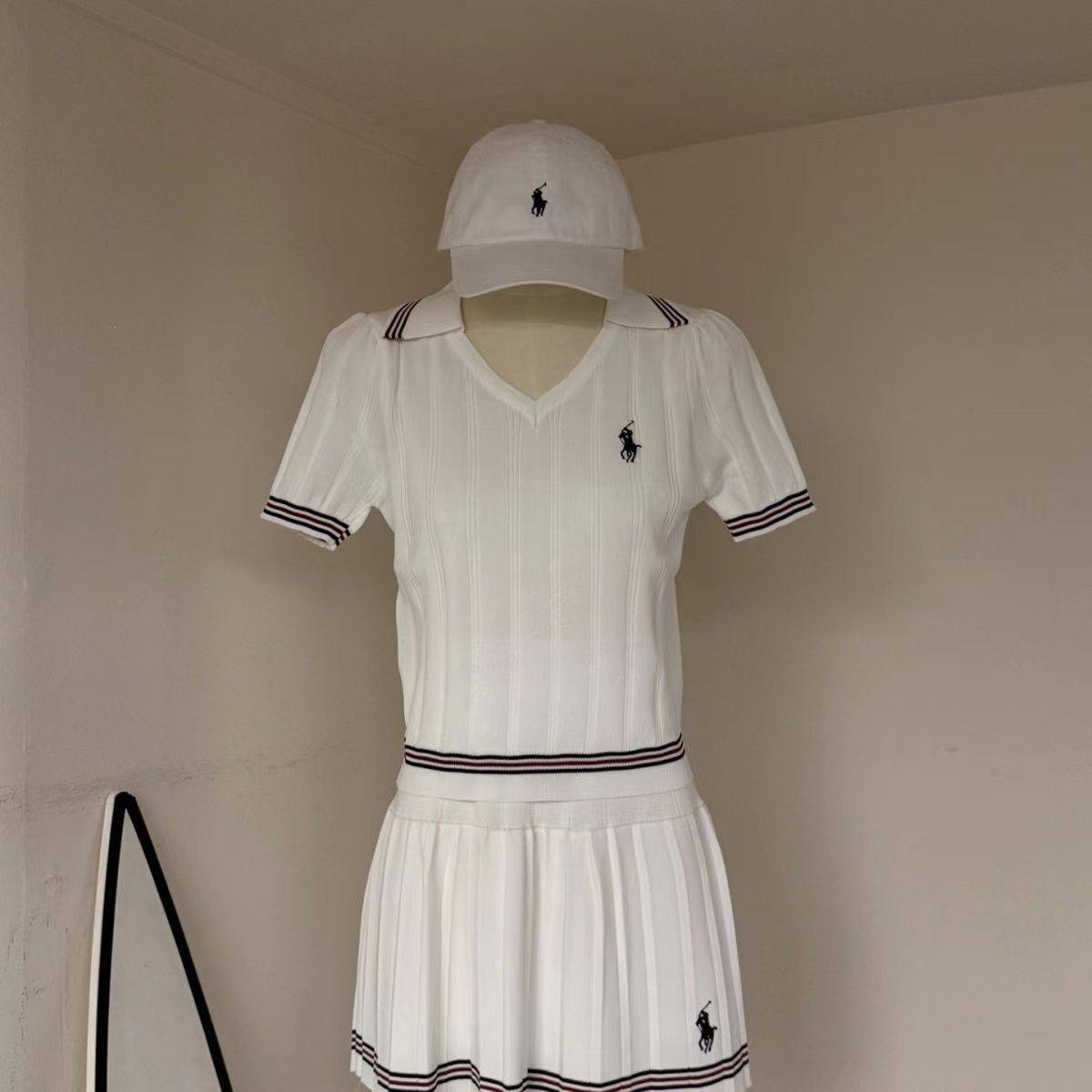 Varsity Knit Polo Top and Pleated Skirt Set, view 2