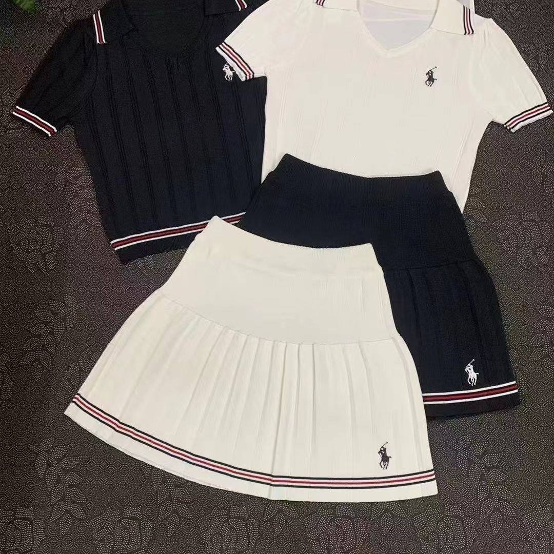 Varsity Knit Polo Top and Pleated Skirt Set, view 3