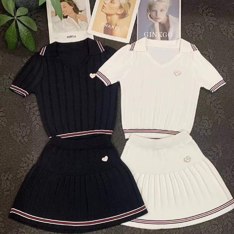 Varsity Knit Polo Top and Pleated Skirt Set, view 4